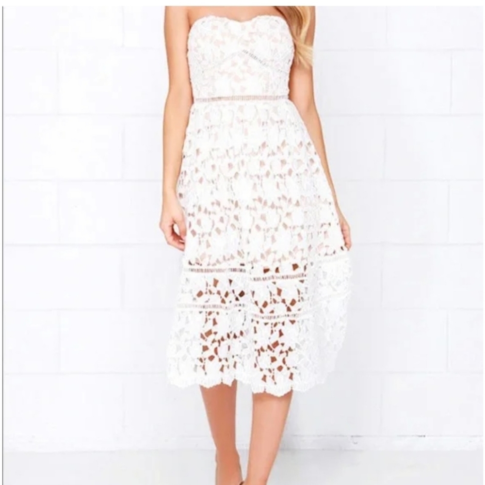 Lulus XS Pinnacle of Prestige Ivory Lace Strapless Midi Dress Coquette Feminine